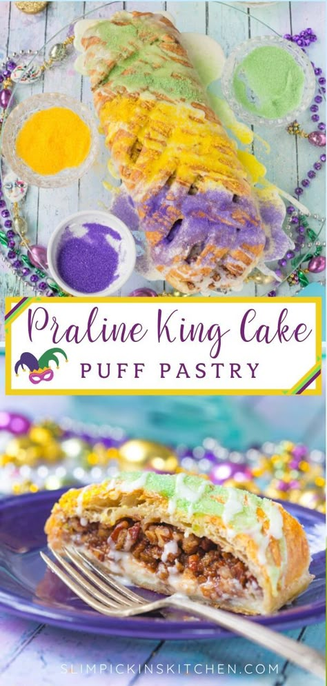 This King Cake Pecan Praline Puff Pastry is a show stopper! Glittery and gorgeous in traditional colors of purple, gold, and green, this puff pastry replicates the look and flavors of a traditional Mardi Gras King Cake, but is ready to eat in 35 minutes or less! #kingcake #mardigras #mardigrasrecipes #fattuesday #fattues #pecan #praline #pecanpraline #puffpastry #easydesserts French King Cake Recipe, Puff Pastry King Cake, Quick And Easy King Cake, Homemade King Cake, Mardi Gras King Poke Cake, King Cake Recipe Easy, Mardi Gras Desserts, Mardi Gras Cake, King Cakes