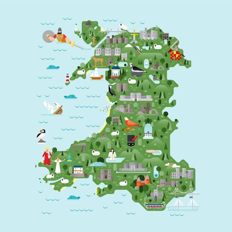 Map of Wales on Behance Map Of Wales, Map Art Illustration, Wales Map, Map Illustration, Illustrated Map, North Wales, British Isles, Travel Information, Map Art