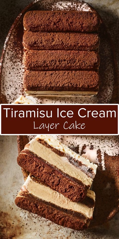 Delicious Tiramisu Ice Cream Layer Cake Recipe - Cucinadeyung Dessert Ice Cream Ideas, Ice Cream Pound Cake Layered, Italian Ice Cream Desserts, Tiramisu Ice Cream Cake, Ice Cream Loaf Cake, Ice Cream Desserts Ideas, Aesthetic Cake Recipe, Tiramisu Ice Cream Recipe, Ice Cream Cake Recipes