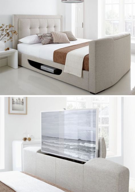 7 Ideas For Hiding A TV In A Bedroom // The TV at the end of this bed is hidden inside the actual bed and even has a built in spot for a DVR or Blu Ray player. Tv In A Bedroom, Hidden Tv Bedroom, Tv In Bedroom Ideas, Pop Up Tv Cabinet, Bedroom Concept, Hidden Tv, Tv Beds, Guest Room Decor, Tv In Bedroom