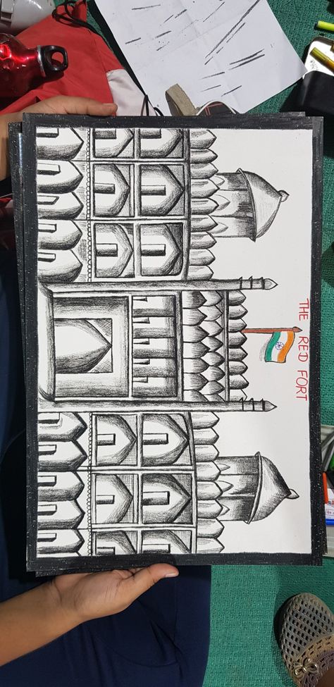 Sketch about red fort Red Fort Drawing Sketch, Red Fort Sketch, Red Fort Drawing, Fort Drawing, Diy Pop Up Book, Diy Pop, Picture Composition, Red Fort, Oil Pastel Drawings