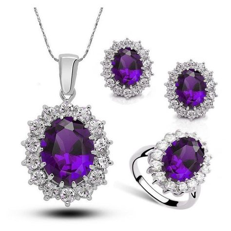 Crystal Jewelry Bridal Necklace Earrings Ring Jewelry Set https://whitesfashionandstyleboutique.com/products/crystal-jewelry-bridal-necklace-earrings-ring-jewelry-set White's Fashion And Style Boutique #Hot Blue Crystals Stones, Brooch Diamond, Crystal Stone Jewelry, Purple Ring, Mattel Shop, Blue Sapphire Necklace, Purple Rings, Stone Wedding, Crystal Jewelry Sets