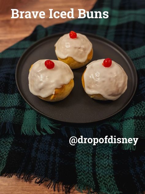 Inspired by the ones in the movie, these Brave Iced Buns are yeasted buns with a sweet sugar icing and a candied cherry! #disney #pixar #brave #icedbuns #empirebiscuits Pixar Brave, Iced Buns, Brave Movie, Sweet Buns, Sugar Icing, Baking Recipe, Cherry Candy, Bun Recipe, Instant Yeast