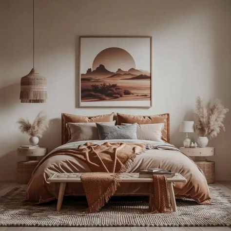 12 Stunning Western Bedroom Ideas to Inspire Your Decor 4 Neutral Western Bedroom, Desert Inspired Bedroom, Boho Western Bedroom, Bedrooms Boho, Western Themed Bedroom, Western Bedroom Ideas, Western Bedrooms, Western Bedroom, Inspired Bedroom