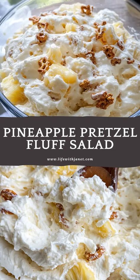 Pineapple Pretzel Fluff Salad Pineapple Pecan Salad, Christmas Jello Pretzel Salad, Side Dish To Take To A Party, Pretzel Fruit Salad, Pineapple Fluff Salad Recipes, Congealed Fruit Salad Recipes, Thanksgiving Fluff Salad Recipes, Thanksgiving Sweet Appetizers, Holiday Pretzel Salad