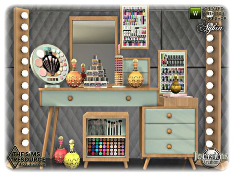 jomsims' Aghia Beauty set Vanity Table Sims 4 Cc, Sims 4 Dressing Table, Sims 4 Makeup Clutter, Sims 4 Cc Vanity, Sims 4 Vanity Cc, Sims 4 Cc Furniture Clutter, Sims 4 Makeup, Sims 4 Nails, Cluttered Bedroom