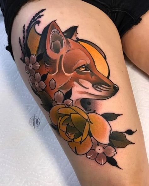 Neo Traditional Wolf, July Tattoo, Traditional Tattoo Animals, Kitsune Tattoo, Fox Tattoo Design, Side Neck Tattoo, Tier Tattoo, Neck Tattoo For Guys, Irezumi Tattoos