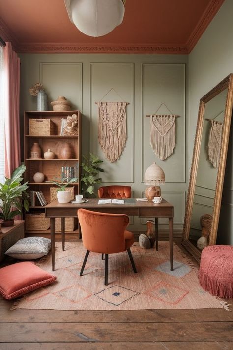 25 Inspirational Boho Home Office Ideas - The Great Hack Shack Tan Leather Couch, Terracotta Walls, Rattan Peacock Chair, Dark Wood Desk, Leather Couches Living Room, Vintage Style Rugs, Boho Elements, Sage Green Walls, Woven Chair