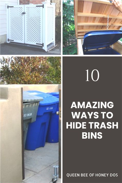 Trash And Recycling Bin Outdoor, Ideas For Trash Cans Outside, Ideas To Hide Garbage Cans Trash Bins, How To Hide Outdoor Trash Cans, Hide Garbage Bins Outside, Garbage Can Storage Outdoor Trash Bins, Trash Can Hiding Ideas Outdoor, Garbage Hideaway Outdoor, Outdoor Trash Can Corral