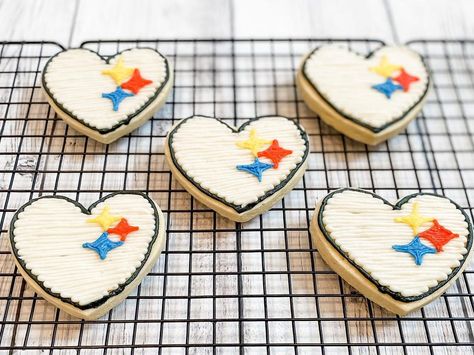 Steelers Cookies, Football Cookies, Shaped Cookies, Heart Shaped Cookies, Steelers Fan, Kindergarten Teacher, Icing Cookies, Shaped Cookie, Cookie Designs