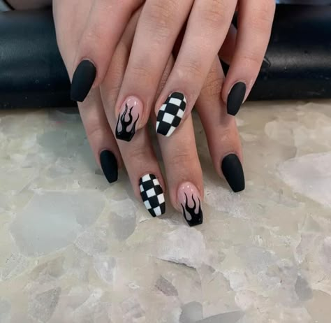 Spring Nails Black And White, Rockville Nails, Race Day Nails Checkered Flag, Sturgis Motorcycle Rally Nails, Monster Jam Nail Designs, Skateboard Nails, Motorcycle Nails Designs, Sturgis Nails, Summer Grunge Nails