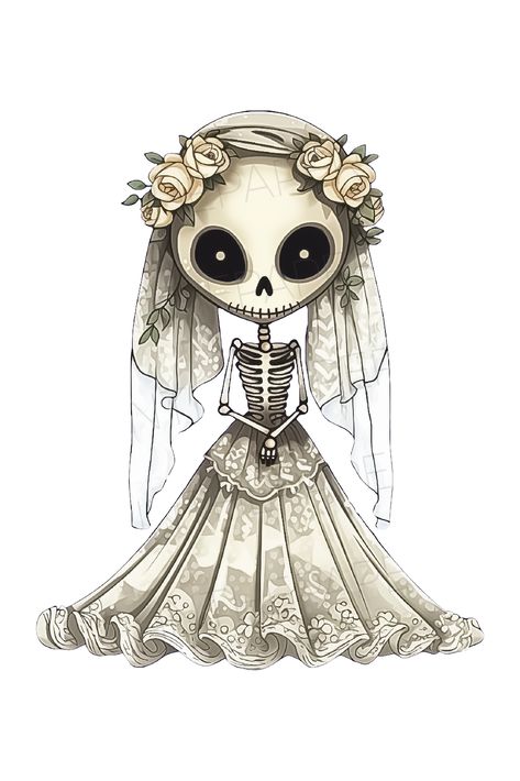 Embrace the allure of the afterlife with this hauntingly beautiful illustration of a ghostly bride skeleton. She dons an elegant lace wedding dress adorned with roses, leaf vine sash, and a tiara. Unisex, Tee, Prints, Wall Art, Poster, Card, Baby One Piece, Kids T-Shirt, Toddler, Hoodie, Sweat, Skirt, Dress, Leggings, Hat, Bucket, Socks, Bag, Home Deco, Clock, Bedding, Pillow, Curtain, Cup, Mug, Bottle, Tumblr, Coasters, Pet Bowl, Dog, Cat, Journal, Sticker, Magnet, Phone Case, Galaxy, iPhone Fantasy Png, Clip Art Halloween, Fantasy Clipart, Skeleton Bride, Dresses Flowers, Wedding Dress Illustrations, Skull Clipart, Dress Png, Png Skeleton