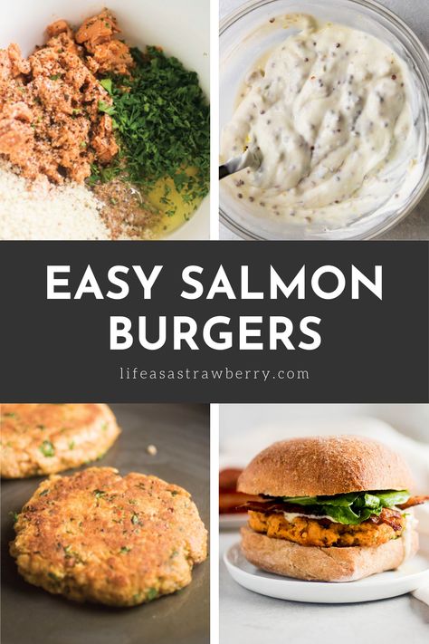 Simple Salmon Burgers with Bacon and Arugula | These easy (and sustainable!) homemade salmon patties make rich, flavorful burgers that the whole family will love. Build your salmon burger as directed or use the salmon cakes as a standalone dish for a healthy low-carb option! Patties made with easy canned salmon, topped with crispy bacon, fresh arugula, and a tasty Poblano Ranch sauce. Ready in under an hour and great baked or grilled. Salmon Burgers With Fresh Salmon, Homemade Salmon Patties, Easy Savory Recipes, Grilled Salmon Burgers, Easy Sliders, Canned Salmon Patties, Salmon Cake, Salmon Burger Recipe, Quick Salmon