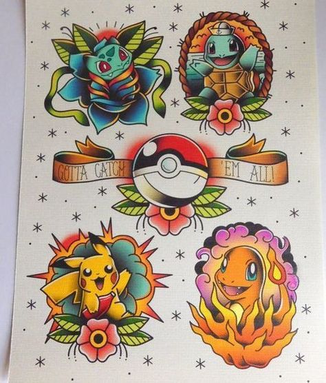 Cool traditional Pokemon: Bulbasaur, Charmander, Pikachu and Squirtle. "Gotta catch them all!". Style: Old School. Color: Colorful. Tags: Creative, Beautiful, Awesome Pokemon Flash Tattoo, Gengar Tattoo, Pokemon Tattoos, Pikachu Tattoo, Pokemon Tattoo, Pokémon Stuff, Kawaii Tattoo, Tattoo Flash Sheet, Gaming Tattoo