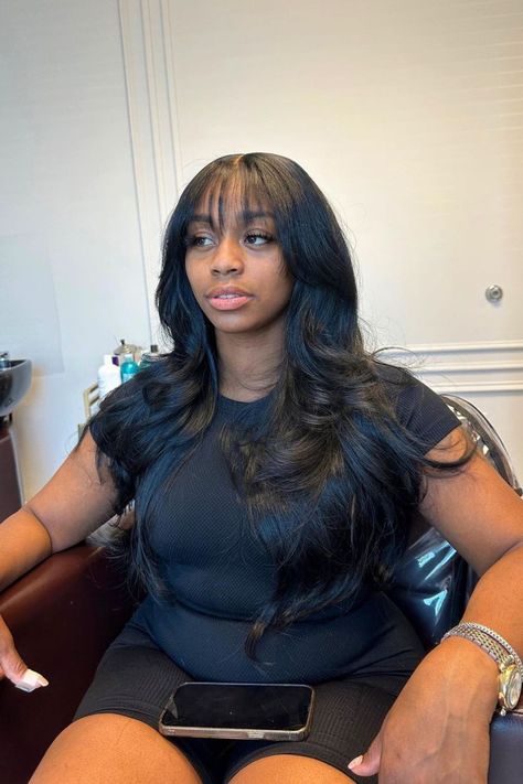 24 Weaves with Bangs Hairstyles: Stylish Inspiration for Your Next Look Quick Weave Bang Hairstyles, Quick Weave With Bangs, Weave Hairstyles With Bangs, Wispy Bangs Black Women, Straight Hairstyles Black Women, Sew In With Bangs, Laid Hairstyles, 2024 Hairstyles, Layered Hair With Bangs