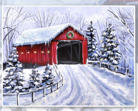 Jesse Robertson Keep It Colorful, Covered Bridge Painting, Snow Paintings, Learn Acrylic Painting, Sunset Canvas Painting, Bridge Painting, Favorite Paintings, Painting Stuff, Wine And Canvas