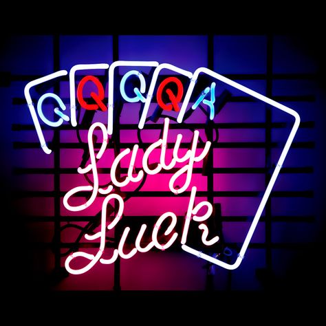 Lady Luck neon... Neon Ideas, Neon Letters, Neon Words, Lady Luck, Vintage Neon, Neon Nights, Feeling Lucky, Open Signs, Pub Bar