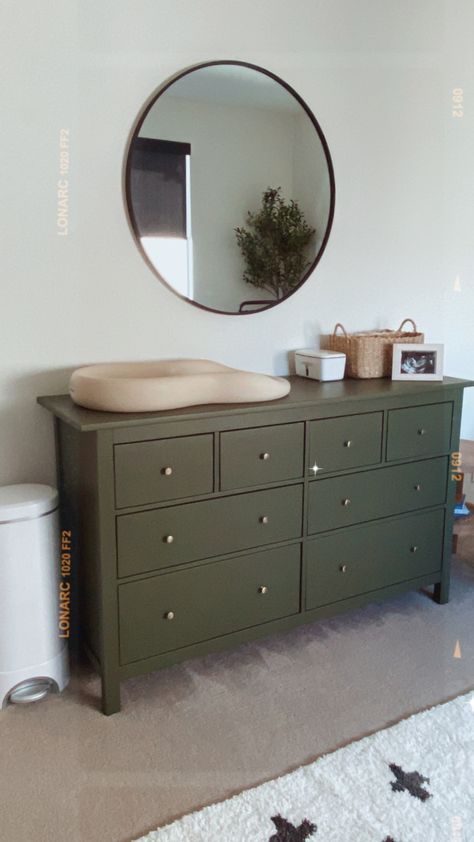 Gender Neutral Changing Table, Mirror Over Nursery Dresser, Olive Green And Brown Nursery, Green Natural Nursery, Olive Green Dresser Nursery, Gold And Green Nursery, Nursery With Green Dresser, Olive Green Crib Nursery, Green Diy Dresser