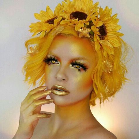 Fantasy Make-up, Goddess Makeup, Angel Makeup, Yellow Makeup, Flower Makeup, Sun Goddess, Face Art Makeup, Color Test, Fairy Makeup