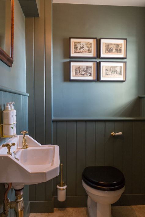 Country Cloakroom Toilet, Green Bathroom Cottage, Toilet Tongue And Groove Panelling, All Green Bathroom Ideas, Panelled Small Toilet, Panelled Shower Room, Panelled Cloakroom Toilet, Cottage Cloakroom, Cottage Ensuite