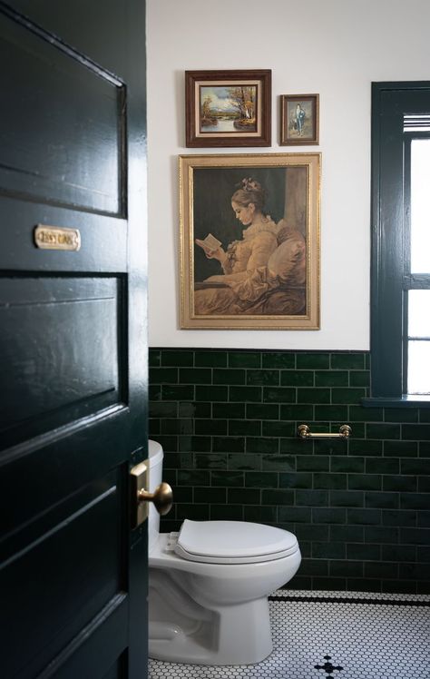 Reena Sotropa In House Design Group in Calgary, French cafe with green subway tile, gallery wall, black and white penny tile flooring. French Bathrooms Paris, 1920s Green Bathroom, Cafe Bathroom Design, Green Victorian House, Modern Victorian Decor, French Tile, Cafe Bathroom, Green Tile Bathroom, French Bathroom