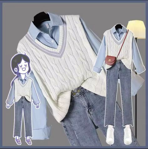 Shopping Anime, Jeans Suit, Mode Ulzzang, Blue Shirt Women, Style Vest, Korean Casual Outfits, Korean Casual, College Style, Trendy Chic