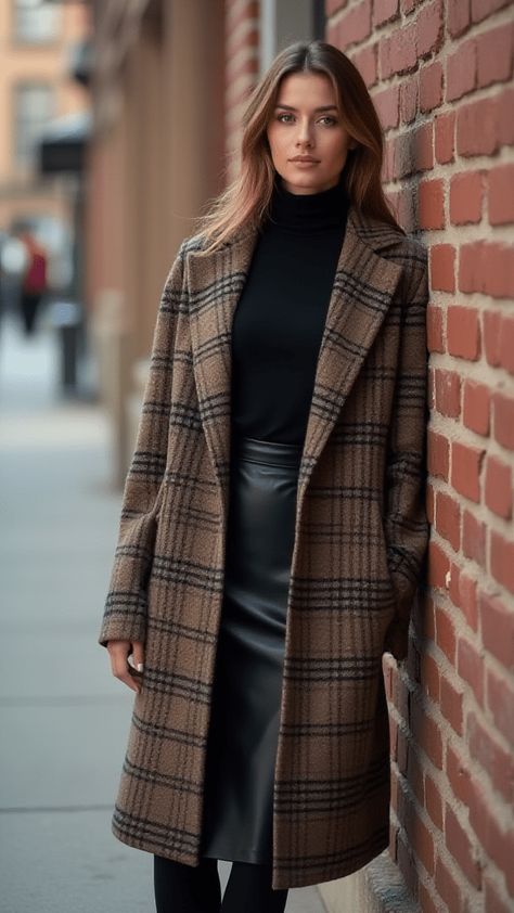 Woman in plaid blazer and leather skirt against brick wall Blazer And Leather Skirt, Warm Winter Outfits, Colorful Faux Fur Coat, Winter Outfits For School, Winter Outfits Warm, Cashmere Hoodie, Winter Boho, Chunky Cardigan, Turtle Neck Dress