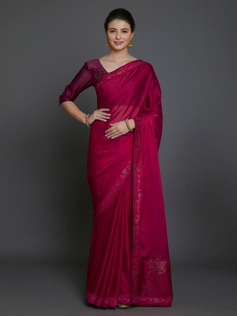 Magenta Saree Contrast Blouse, Dark Pink Saree Contrast Blouse, Holi Dress, Dark Pink Saree, Magenta Saree, Saree Contrast Blouse, Solid Saree, Kurta Designs For Women, Hot Sarees