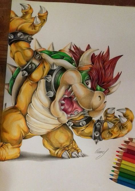 Video Game Characters Drawings, Bowser Sketch, Bowser Drawing, Bowser Art, Gaming Art, Nintendo Art, Insect Art, Game Characters, Color Pencil Art