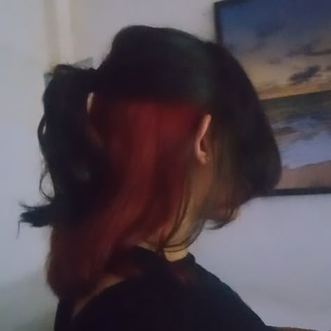 Hiiii that's me actually Red Tips On Dark Hair, Colour Under Hair, Top Black Bottom Red Hair, Peekaboo Hair Straight, Red Hair Under, Red Hair Underneath Black, Red Hair Roots, Black And Maroon Hair, Black And Red Hair Peekaboo