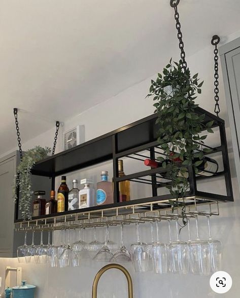 image of wall hanging bar Bar Shelves Ideas, Shelves For Glasses, Cocktail Bar Home, Bar Glass Rack, Green Bars, Wine Rack Modern, Wall Bar Shelf, Home Mini Bar, Drink Shelf