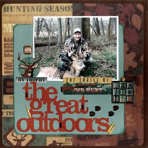 Hunting Layout by Karen Foster Design Hunting Scrapbook Pages, Deer Hunting Scrapbook Layouts, Hunting Scrapbook Layouts, Hunting Scrapbook, Fishing Scrapbook, Masculine Scrapbook, Scrapbooking Idea, Camping Scrapbook, Scrapbooking Sports