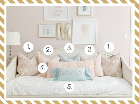 Nursery Daybed Bedding, Decorating Daybeds, Pillows For Daybed Couch, How To Style A Daybed Guest Room, Daybed Throw Pillows, Day Bed Pillows, Decorating A Daybed, Daybed Pillow Ideas, White Daybed Room Ideas