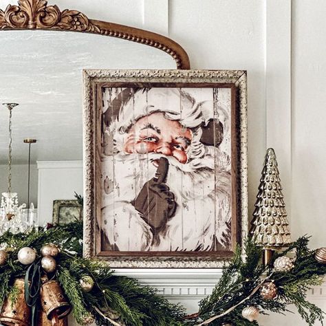 Rustic Vintage Inspired Santa Beige Framed Wall Decor Mexico Christmas, Antique Farmhouse Decor, Antique Christmas Tree, Glass Dome Display, Christmas Mantle Decor, Santa Pictures, Holiday Centerpieces, French Cottage, Antique Christmas