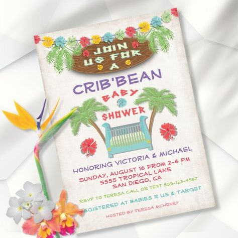 $1.9 | Tropical Baby Shower Invitation - tropical baby shower, caribbean baby shower, tropical, baby shower, beach, island, palm tree, hibiscus flowers, hawaiian, luau Tropical Caribbean, Tropical Baby Shower, Baby Announcements, Babies R Us, Tropical Theme, Hand Drawn Illustration, Drawn Illustration, Old Paper, Hibiscus Flowers