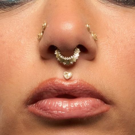 Introducing 'High Standards' – a radiant clicker design adorned with stunning genuine diamonds. Wear this chic piece in your daith or septum piercings and enjoy its brilliant shine all year long! Details This style is a 16 Gauge 5/16" Gemstone: (4) 1.2mm, (3) 1.1mm, and (12) 1mm round faceted Genuine Diamonds Clickers have a hinged clasp for an easy open / close Solid 14k gold - Available in Yellow & White Sold as a single Nostril Piercing With Septum, Septum Double Nose Piercing, Face Piercings Black Women, Piercing Setup, Gold Septum Piercing, Septum Nose Piercing, Gold Septum, Face Jewelry, Septum Rings