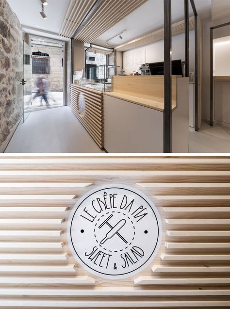 Erbalunga estudio Combines Old And New For The Design Of Le Crêpe da Pía Cafe Design Inspiration, Cafe Signage, Bar Counter Design, Coffee Shop Interior Design, Italian Interior Design, Modern Design Elements, Coffee Shops Interior, Kiosk Design, Hospital Interior Design