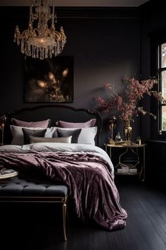 Soft Goth Autumn Bedroom, Gothic Decorating Ideas, Dark Fantasy Bedroom Ideas, Vintage Dark Bedroom Aesthetic, Gothic Chic Bedroom, Feminine Goth Bedroom, Bedroom Mood Lighting Ideas, Dark Romantic Bedroom Decor, Romantic Goth Bedroom Ideas