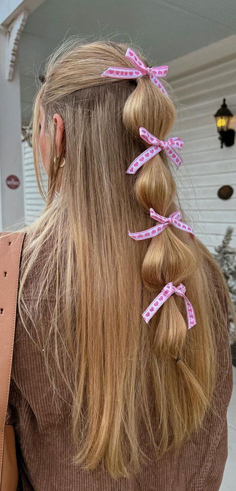 half up half down with bow, easy half up with bow, easy bun hairstyle with bow, bow hairstyles, bubble braid with bow, bun with bow cute hairstyle, coquette hairstyle, bubble ponytail with bow, everyday hairstyle, ponytail with bow Bubble Braid With Bows, Hairstyles With Small Bows, Bubble Braid With Bow, Half Up Hairstyles With Bow, Bubble Braids With Ribbon, Recruitment Hairstyles, Bubble Braids With Bows, Ponytail Bow Hairstyle, How To Do A Bow In Your Hair Half Up