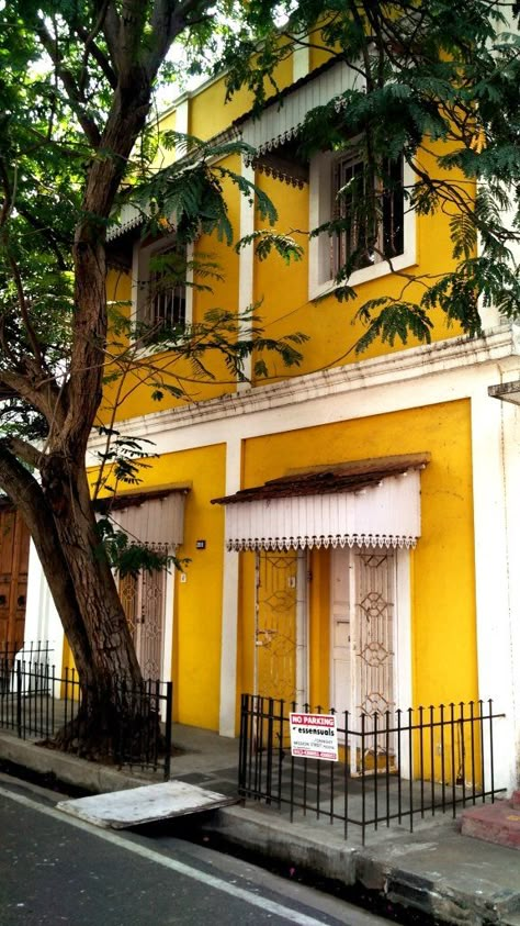 Pondicherry House Exterior, Pondicherry Aesthetic, Asia Architecture, Yellow Building, South Indian Restaurant, Pondicherry India, Shopping Mall Design, Tourism In India, Indochine Style