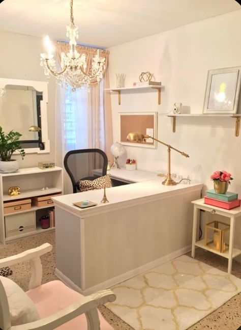 Beauty Room Layout, Him And Her Office Space, Office Ideas With White Desk, Cute Office Inspiration, Clean Aesthetic Office, Cheap Diy Office Decor, Home Office Bedroom Layout, Work From Home Office Colors, Office Area In Living Room Layout