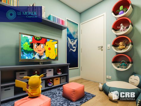 Diy Pokemon Decor Bedroom, Pokemon Interior Design, Pokemon Dresser Diy, Pokemon Bathroom Ideas, Pokemon Inspired Bedroom, Pokemon Bedroom Decor, Pokemon Playroom, Pokémon Bedroom Ideas, Pokemon Room Ideas Kids