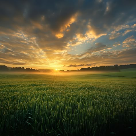 sunrise in a very calm land of green field Grasslands Aesthetic, Sunny Field, Field Landscape, Grassy Field, Farm Logo, Green Field, Nature Pics, Green Pasture, Grass Field