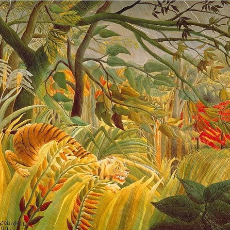 Saatchi Gallery on Instagram: “🐅 🐇 Celebrate Henri Rousseau and Albrecht Dürer’s birthdays with their animal art masterpieces, ‘Tiger in a Tropical Storm (Surprised!)’,…” #tropical #palm #art #rousseau #animals #master Art Mini Toile, Grandma Moses, Naïve Artist, Jungle Art, Camille Pissarro, Wildlife Paintings, Henri Rousseau, Tropical Storm, Textured Canvas Art