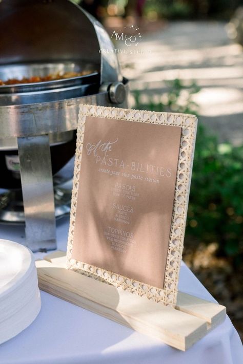 One of my favorite features of this wedding’s signage was the cane webbing that we incorporated on the bar sign and buffet sign. Cane Decor, Cane Wedding Decor, Rattan Signage, Rattan Wedding Decor, Rattan Wedding Invitation, Rattan Table Numbers, The Bar Menu Wedding, Boho Wedding Bar Sign, Bar Sign