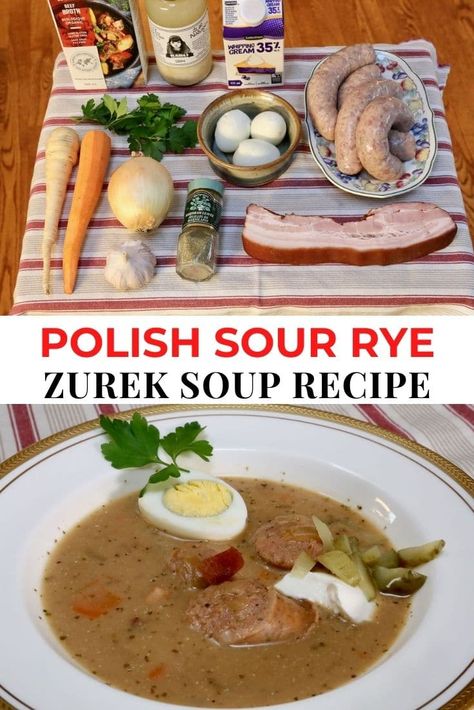 best homemade zurek soup polish recipe. authentic polish soup. zurek soup. sausage soup. healthy Keto Soup. Sour Soup. Polish Sour Rye Soup. kielbasa recipes. easy creamy kielbasa soup. grandmothers traditional polish recipe christmas eve dinners. winter soup. fall autumn soup. cozy hearty soup. slow cooker instant pot. meat pork soup. polish stew. smoked bacon soup. hard boiled egg soup. Zurek Soup Polish Recipe, Polish Kielbasa Soup, Zurek Soup Polish, Polish Soup Recipes, Kielbasa Recipes Easy, Sausage Soup Healthy, Zurek Soup, Soup Kielbasa, Polish Deserts