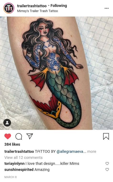 Neotraditional Mermaid Tattoo Design, Traditional Mermaid Tattoo Flash, Traditional Style Mermaid Tattoo, Tattooed Mermaid Tattoo, American Trad Mermaid, Traditional Mermaid Tattoos Old School, Deployment Tattoos, Siren Tattoo Traditional, Trad Mermaid Tattoo