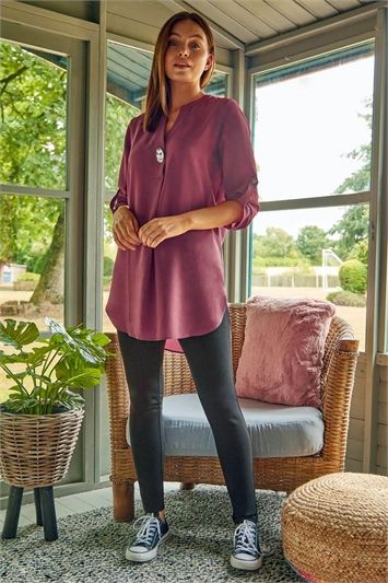 Longline Button Detail Tunic Top in Mauve - Roman Originals UK Tunic And Jeans, Ladies Casual Wear, 25 Weeks Pregnant, Chiffon Tunic Top, Chiffon Tunic, Casual Wear Women, Printed Trousers, Maxi Dress Party, Denim Outfit