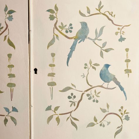 Chinoiserie Stencil Patterns, Sage Bed, Bird Wall Stencil, Amber Palace, Chinoiserie Stencil, Chinoiserie Patterns, Aubusson Blue, Dove Painting, Colorful Room Decor