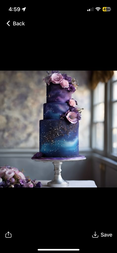 Night Sky Wedding Decor, Star And Moon Wedding Theme, Galaxy Wedding Centerpieces, Galaxy Centerpiece Ideas Wedding, Galaxy Wedding Decor, Celestial Cakes, Space Themed Wedding Cake, Space Wedding Cake, Northern Lights Cake